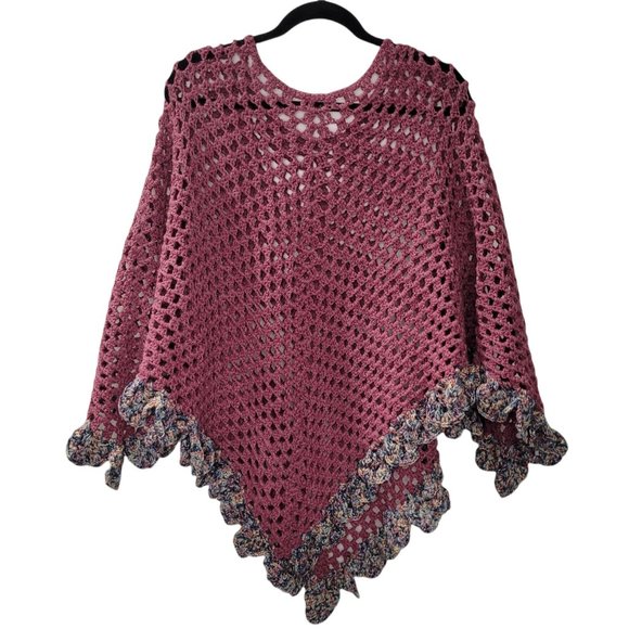Hand Crafted Sweaters - Handmade Purple Crochet Open Knit Shawl Poncho Sweater